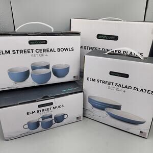 Servappetit Dining Set Elm Street Teal 4 Dinner & Salad Plates Cereal Bowls Mugs